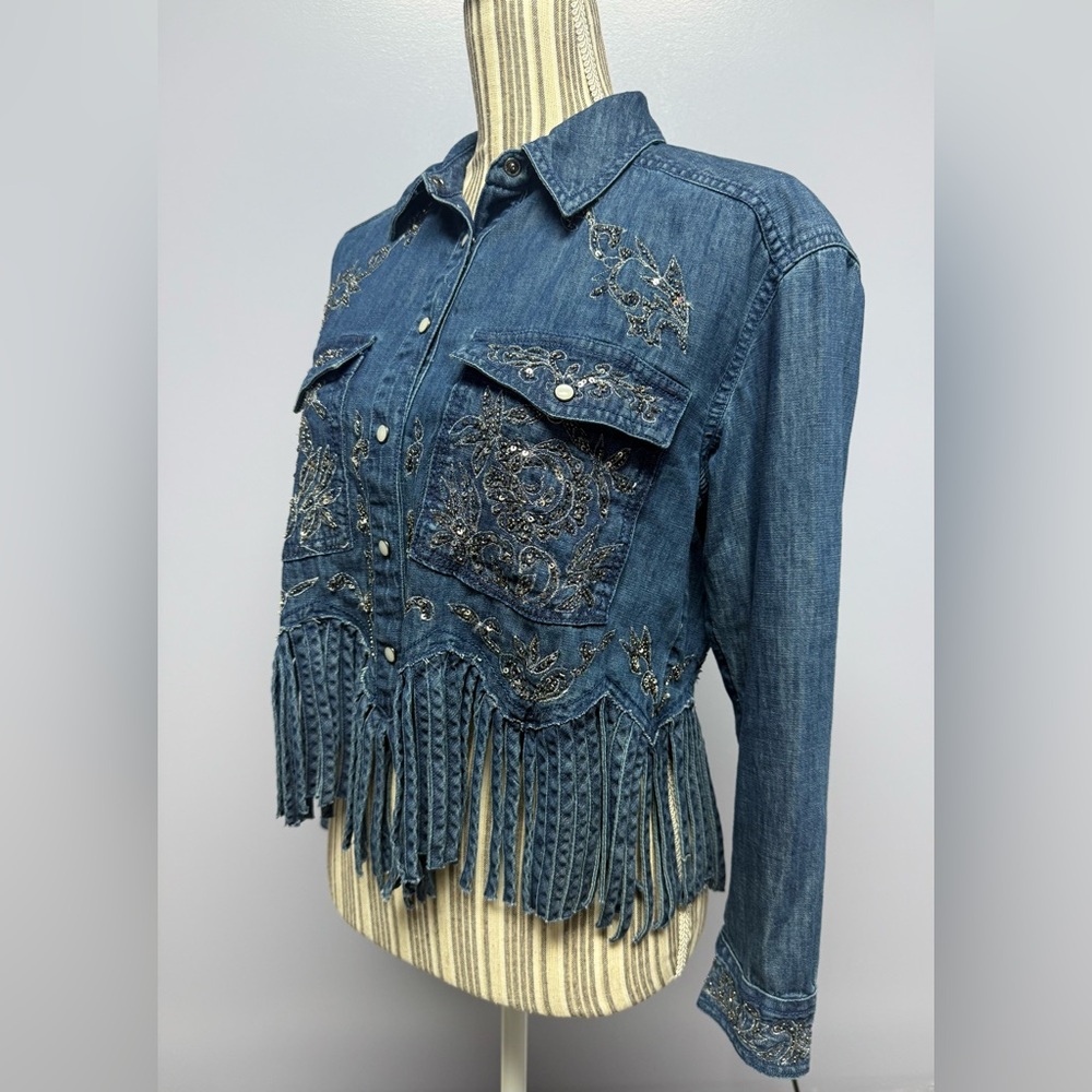 NWT Pilcro Denim Silver embellished Collar Button Down fringe bottom Shirt XXS - Picture 5 of 16